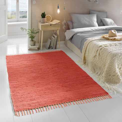 Flicken-Teppich 100% Baumwolle | Waschbarer Fleckerl mit Fransen | Rot